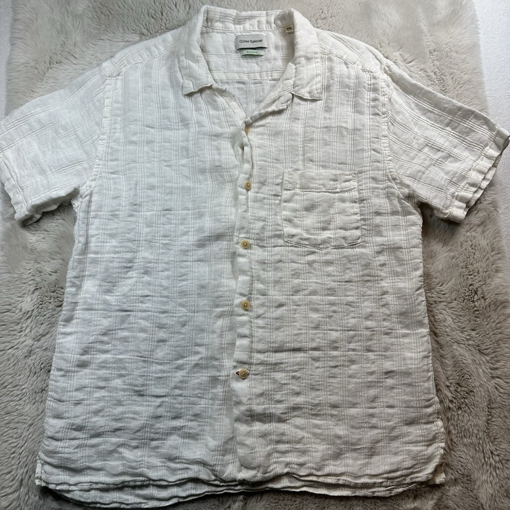 Oliver Spencer Men's XXL White Linen‎ Camp Collar Shirt Short Sleeve Havana